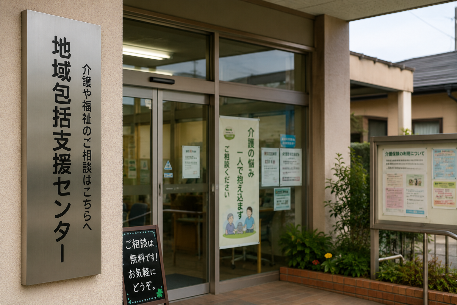 地域包括支援センターの看板とご相談は無料ですの案内がある建物の入口