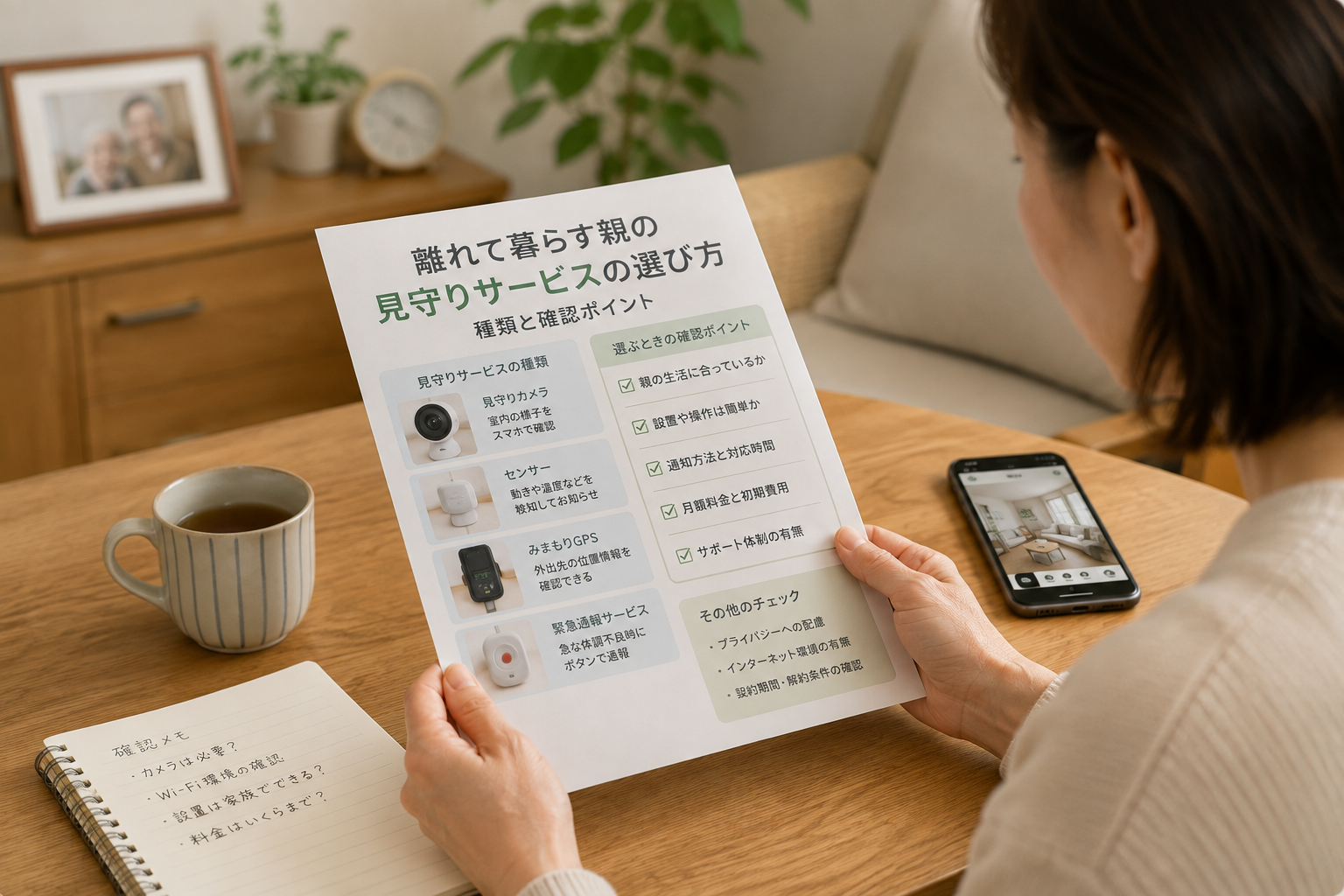 離れて暮らす親の見守りサービスの選び方というパンフレットを読む女性とスマートフォン