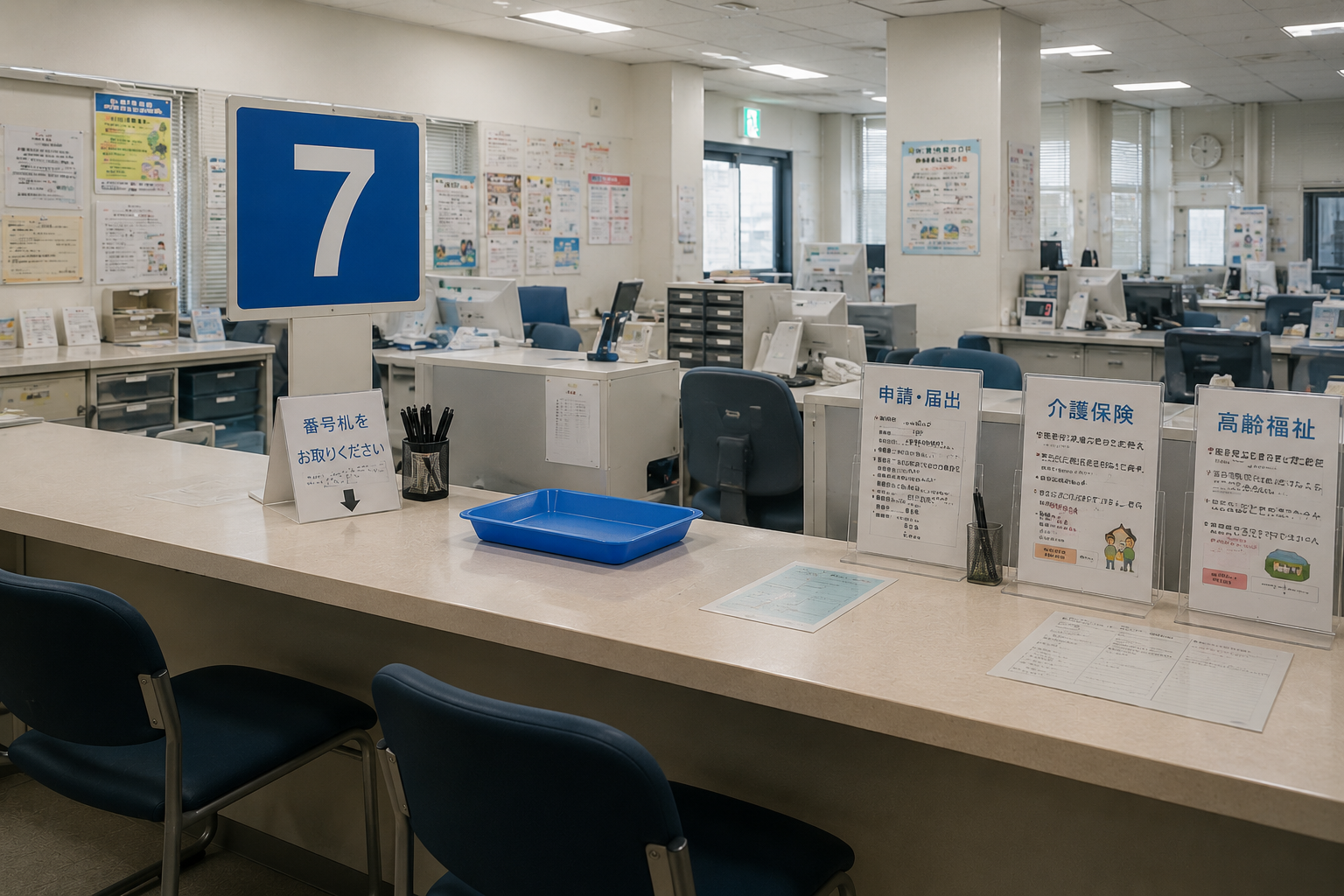 「介護保険」「高齢福祉」等の案内が置かれた市区町村窓口のカウンターと受付番号7の表示