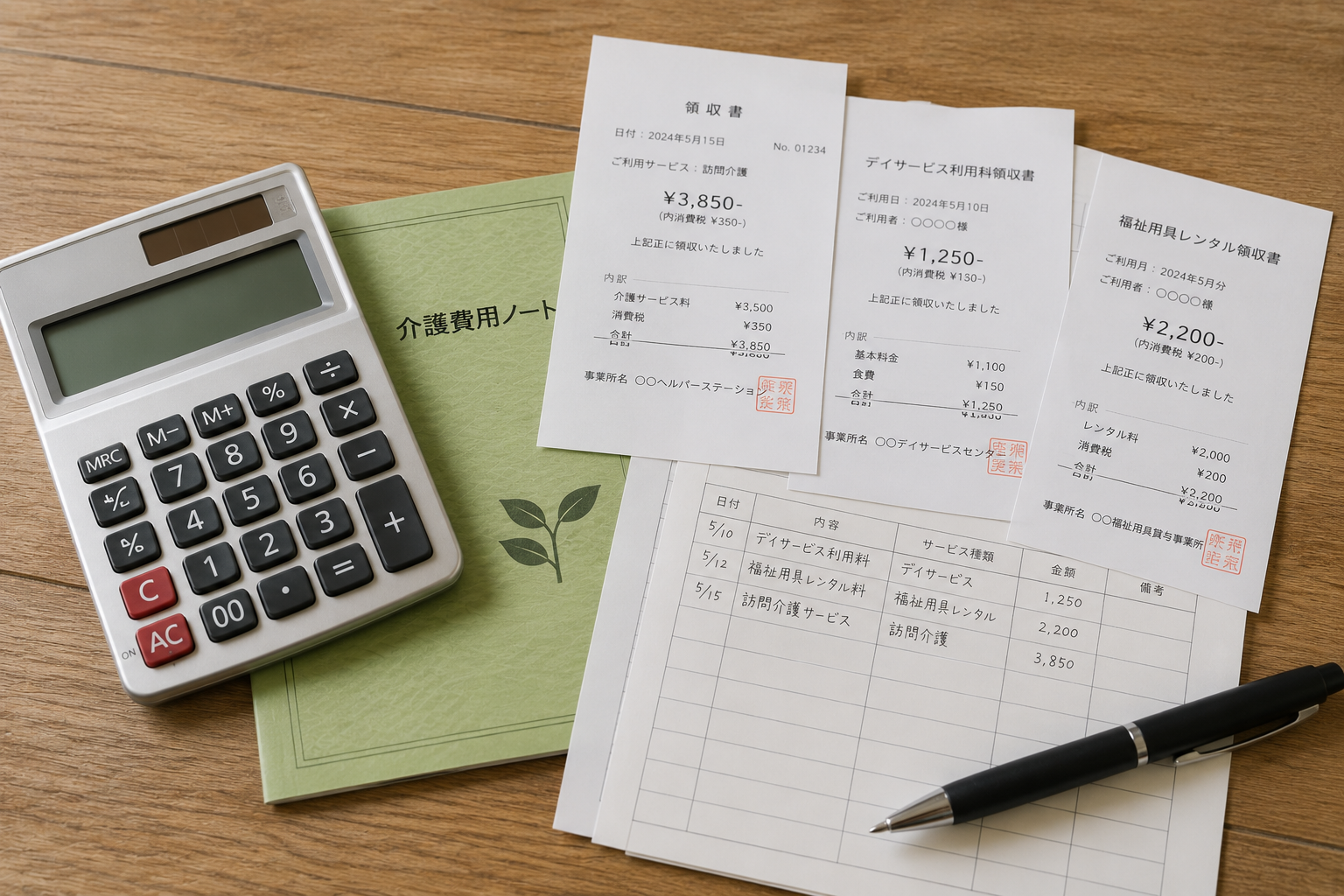 電卓と介護費用ノート、訪問介護・デイサービス・福祉用具レンタルの領収書