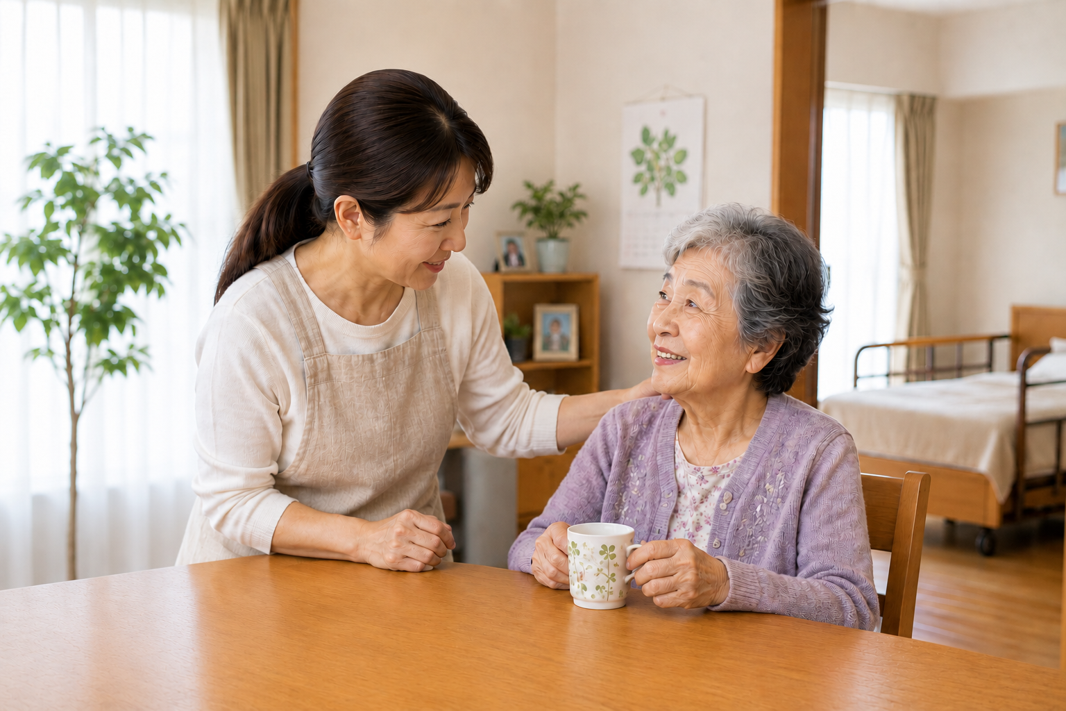 肩に手を添えて話しかける介護者と、湯呑みを持つ高齢の女性