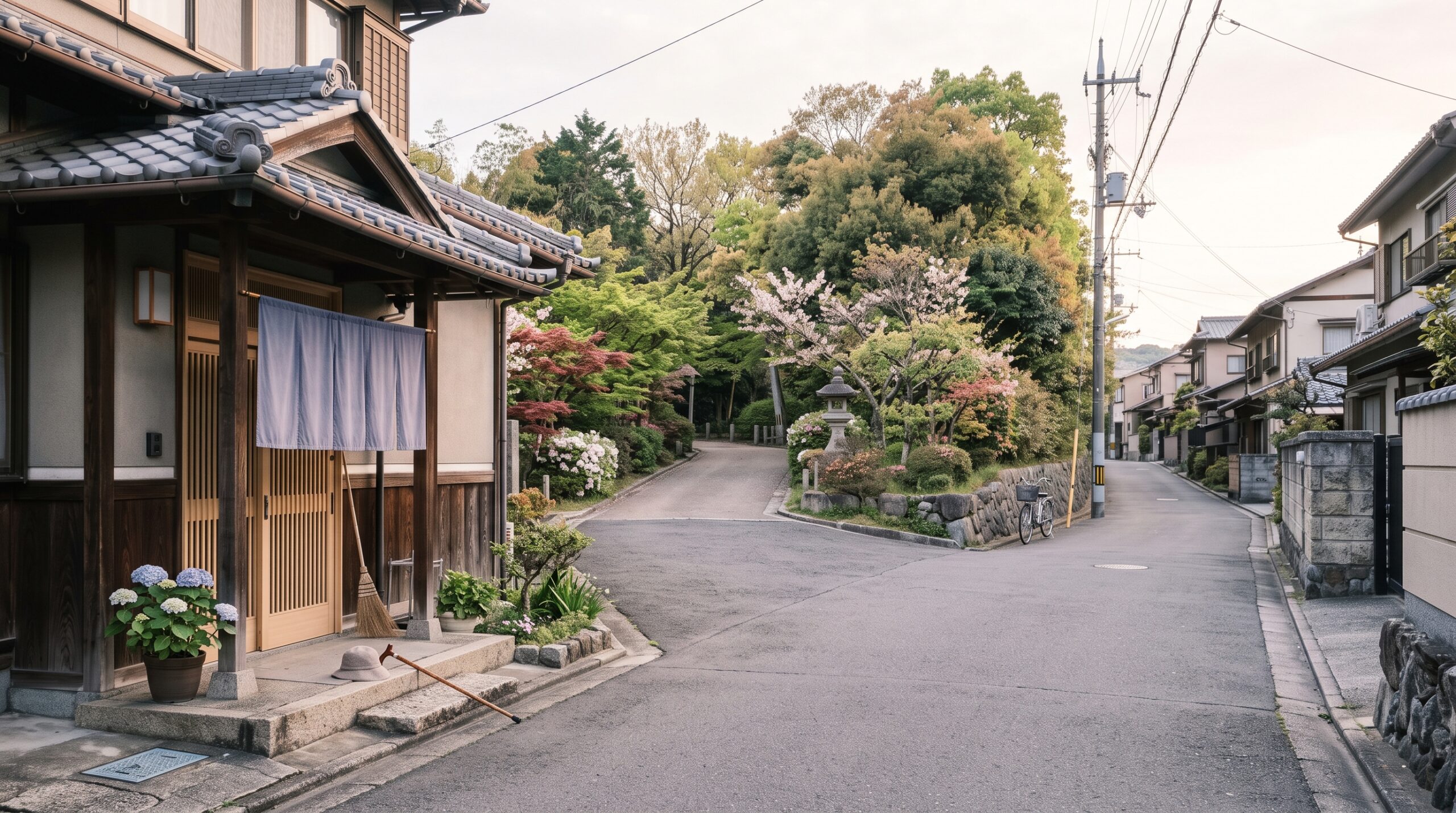 玄関先に帽子と杖だけが残された、夕暮れの住宅街の通り