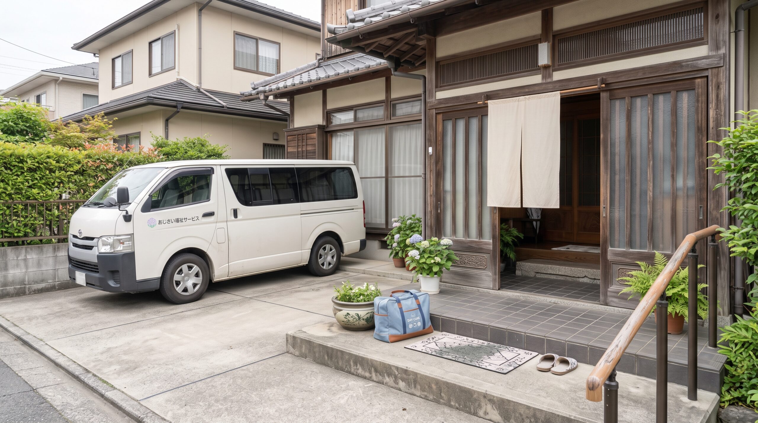 あじさい福祉サービスと書かれた送迎車と、玄関先に置かれたDAY CAREタグ付きのバッグ