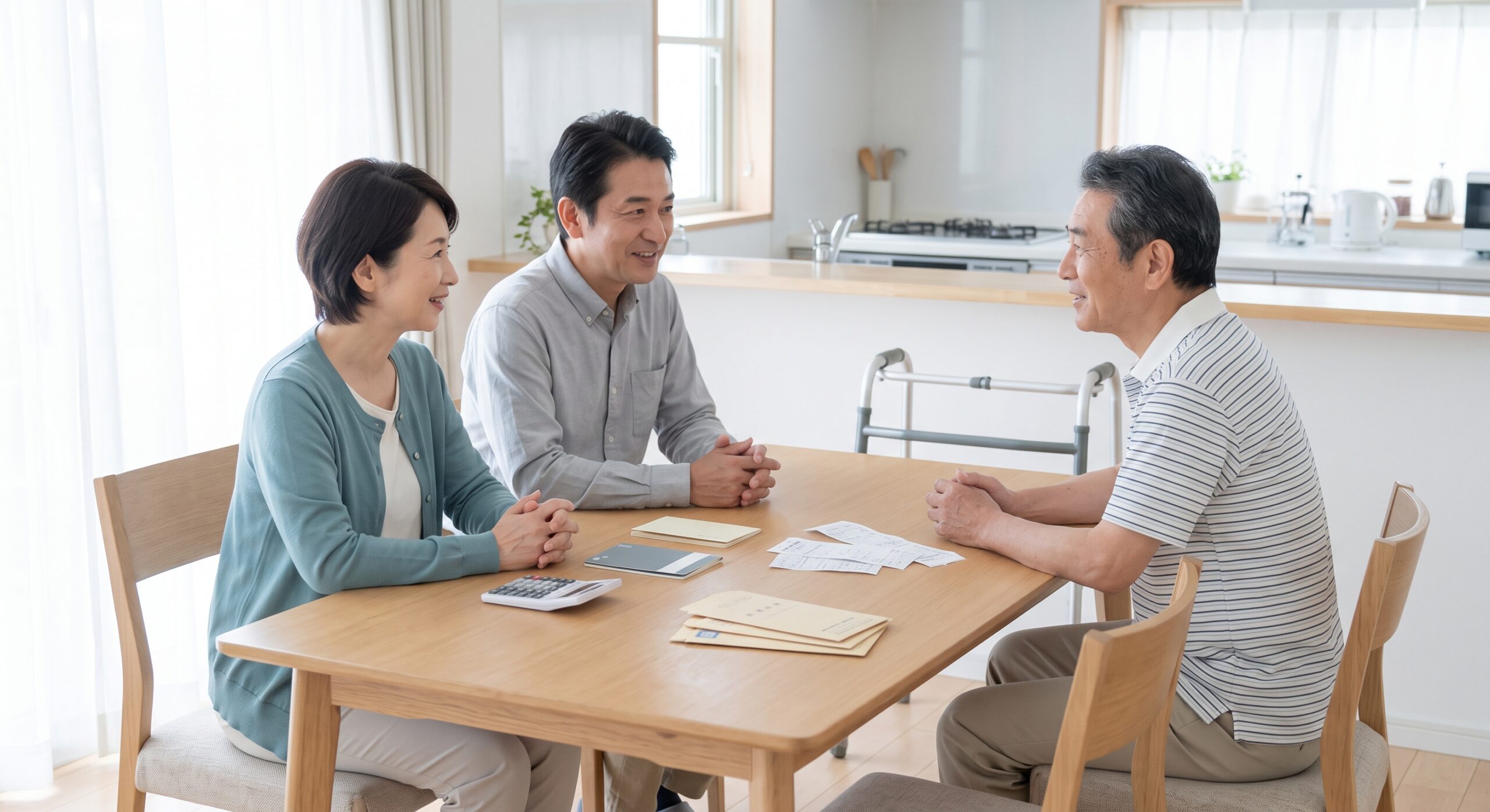 書類を囲んで話し合う家族3人と、後ろに置かれた歩行器